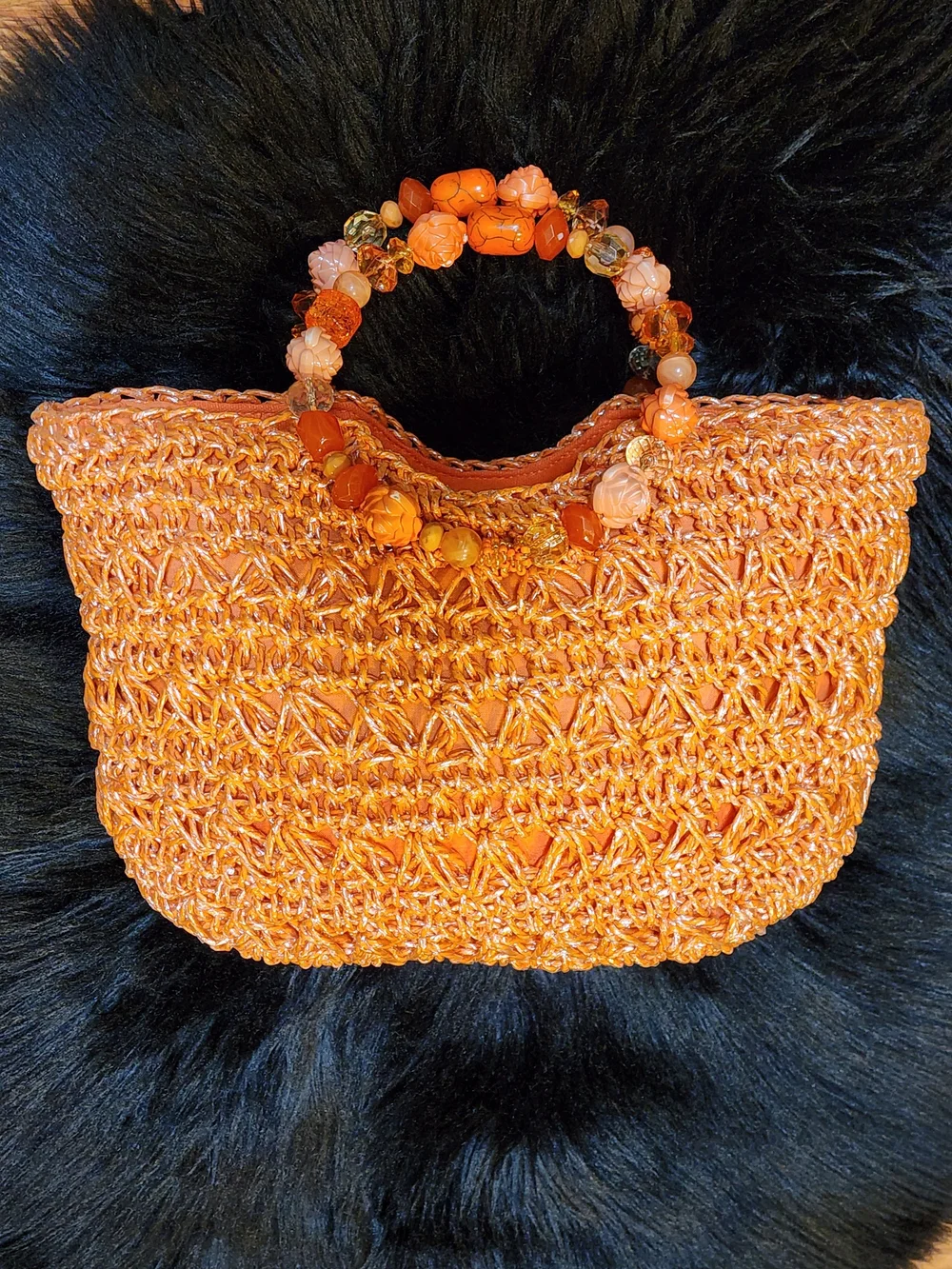 Gorgeous Handwoven Floral Beaded Handle Straw Tote Bag in Coral Orange